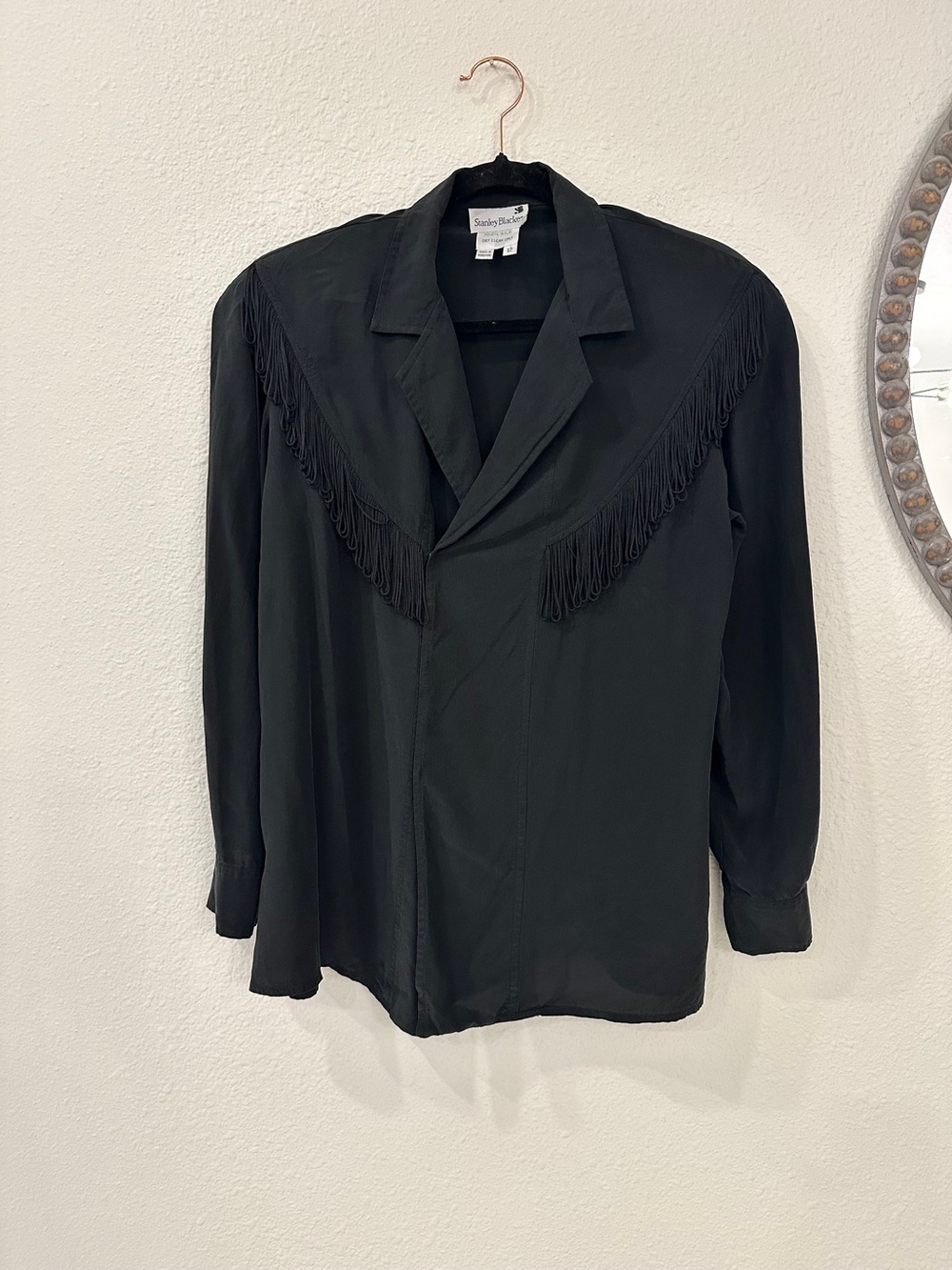 Black 100% Silk Fringe Yoke Button-Up Western Blouse